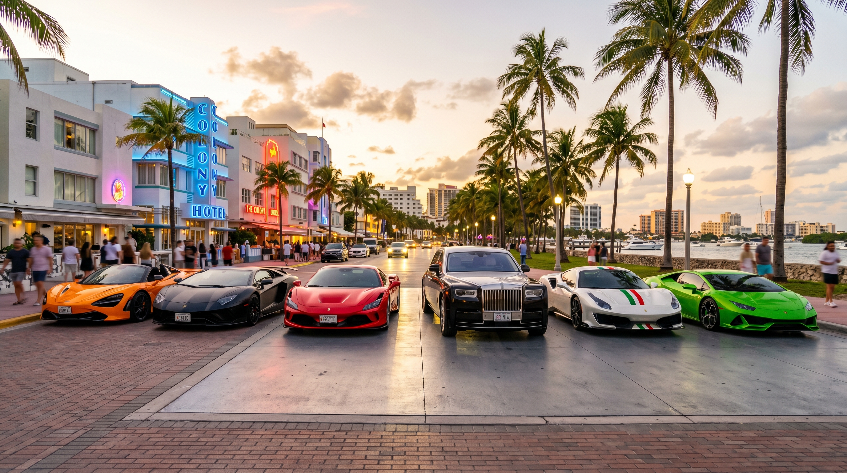 Fleet of exotic and luxury cars lined up in Miami — Lamborghini, Ferrari, Rolls-Royce, McLaren side by side