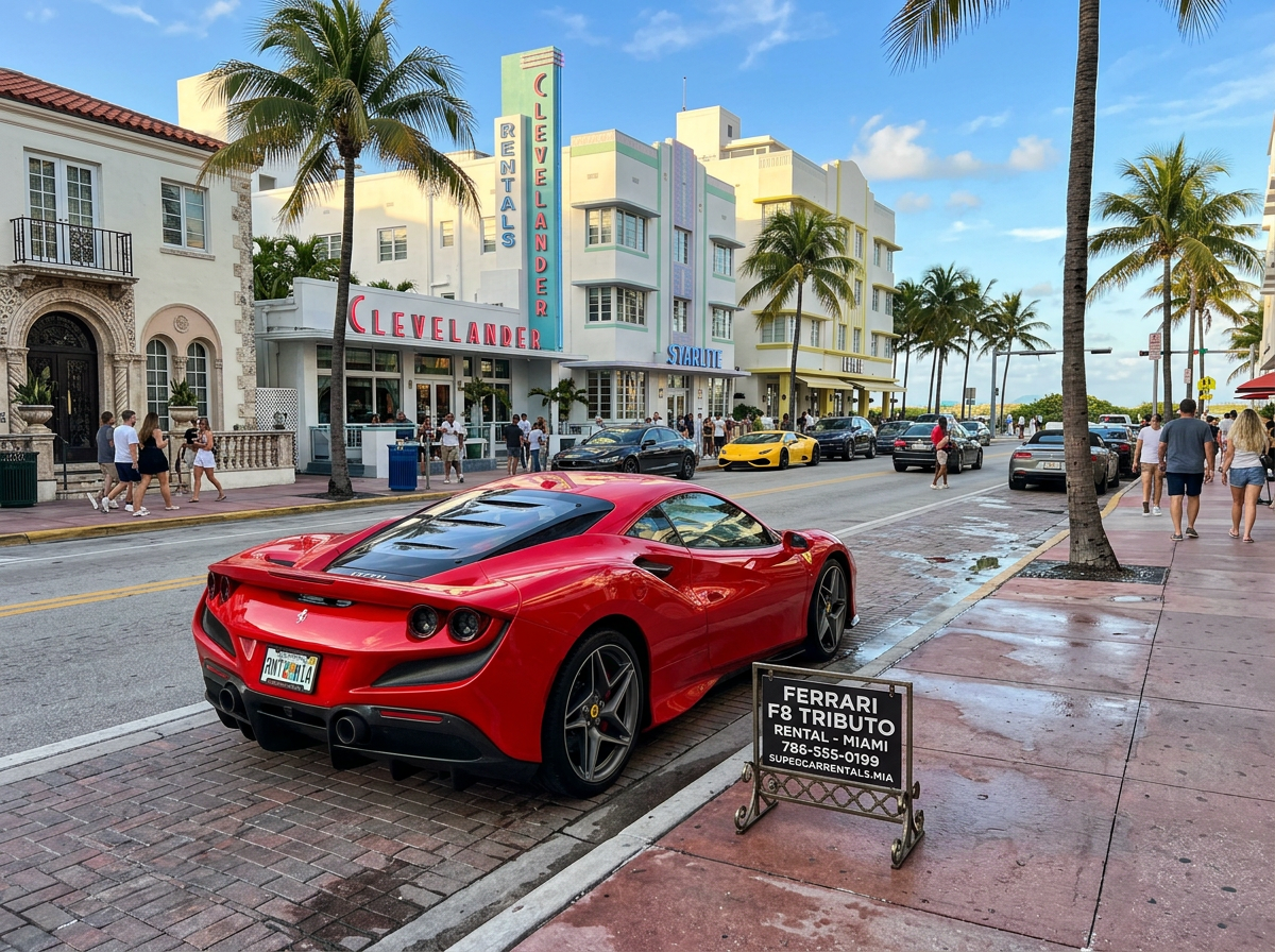 Ferrari F8 Tributo rental Miami — red Ferrari on South Beach Ocean Drive