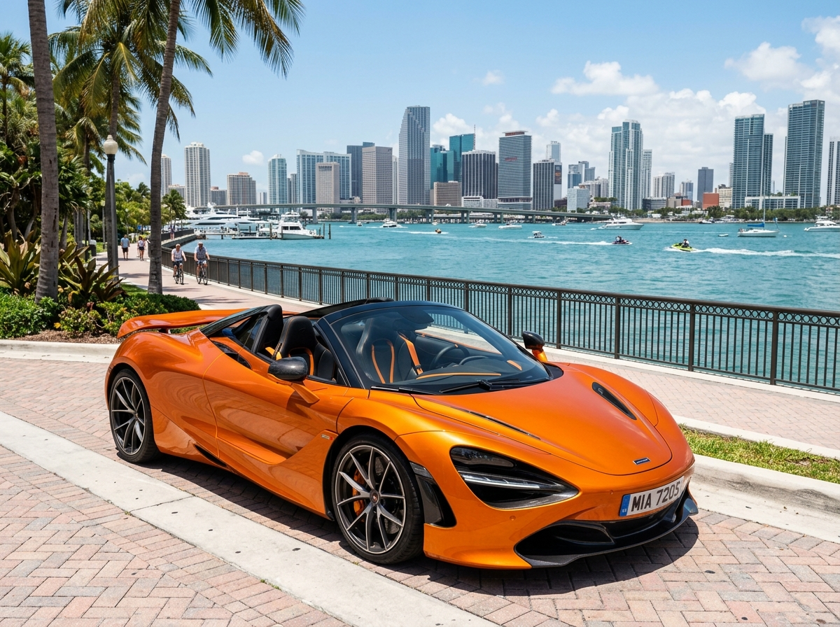 McLaren 720S Spider rental Miami — orange McLaren convertible with Biscayne Bay backdrop