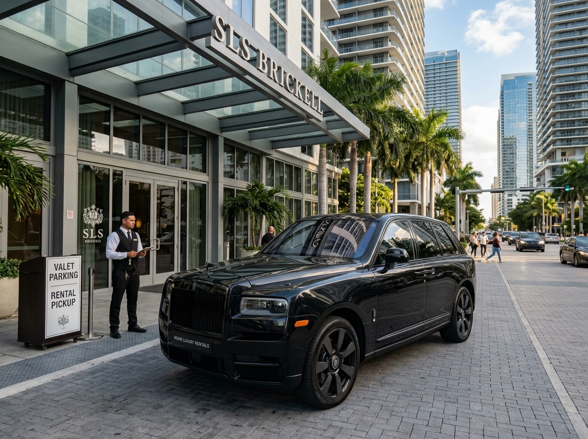 Rolls-Royce Cullinan Black Badge rental Miami — black SUV in front of Brickell hotel