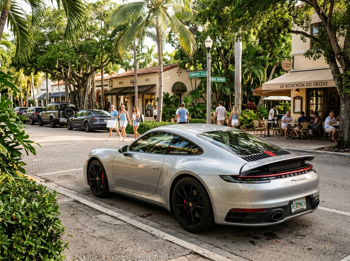 Porsche 911 Carrera S rental Miami — silver 911 on Coconut Grove street