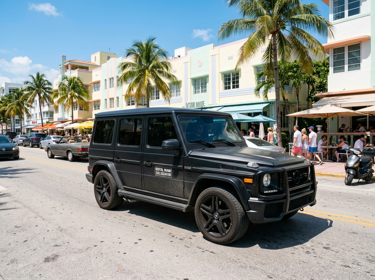 Mercedes-Benz G63 AMG rental Miami — matte black G-Wagon on Miami street
