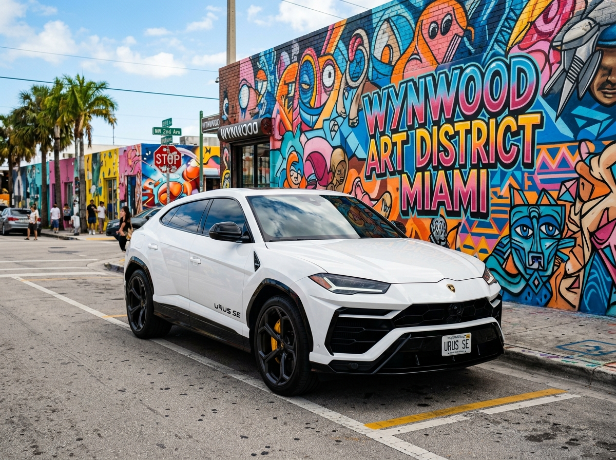 Lamborghini Urus SE rental Miami — white Urus SE parked in front of Wynwood mural