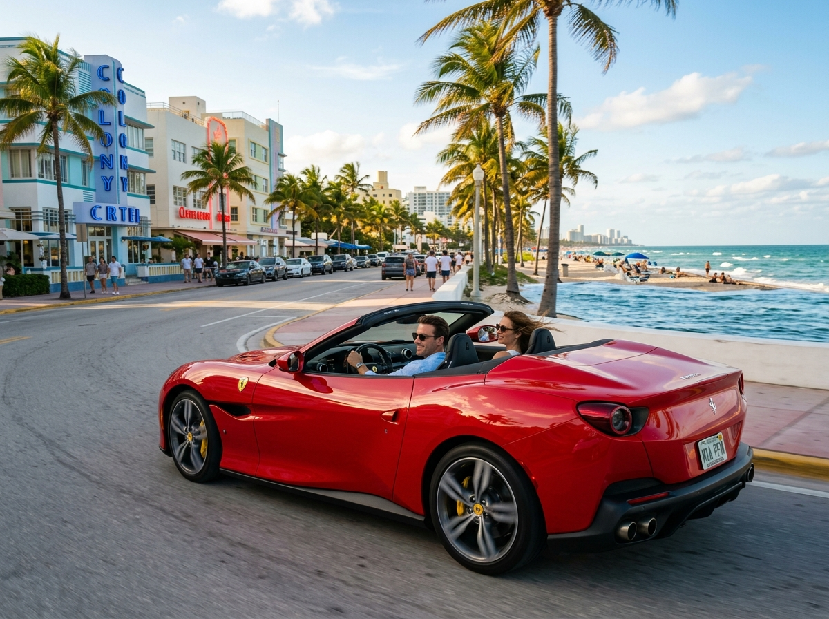 Ferrari Portofino M top down Miami beach drive