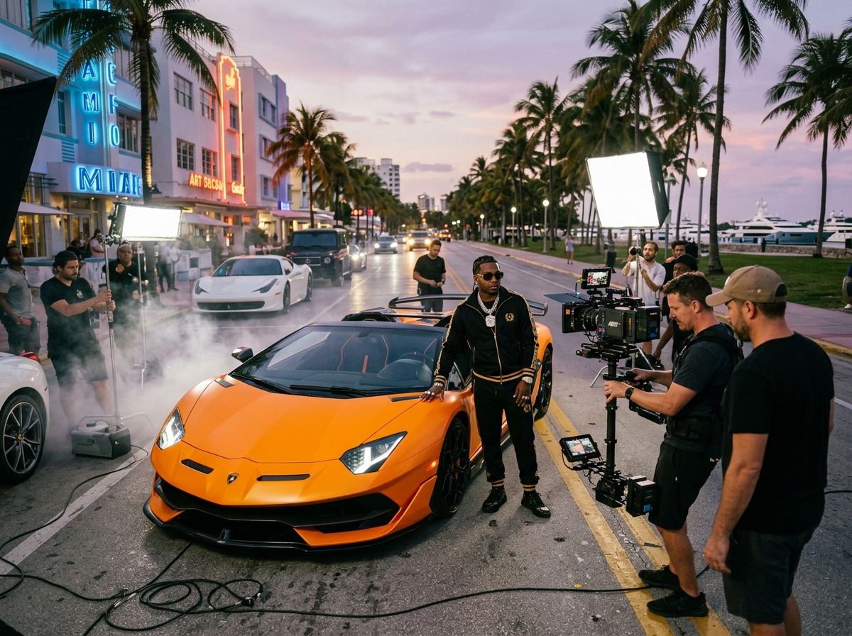 Music video production with exotic car rental in Miami — Lamborghini on set